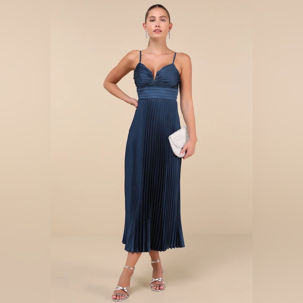 Lulus Fabulous Perfection Navy Blue Satin Pleated Midi Dress